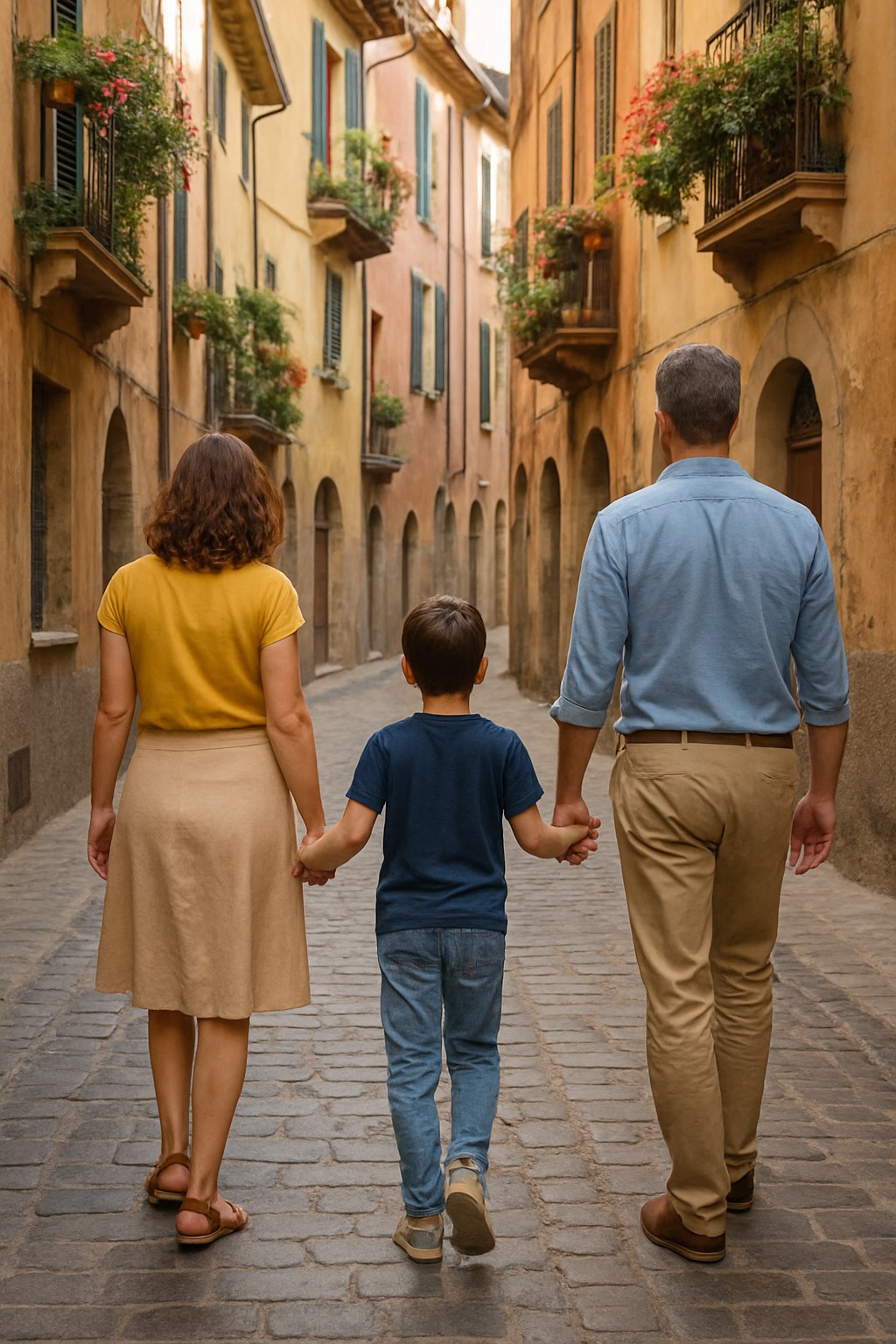 Australian couple's family walking in an Italian street after successfully obtaining the Lavoro Autonomo visa.